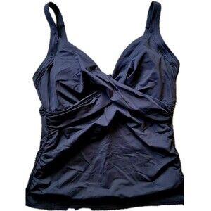 Swim Top Black 18 D Wrap Front XL Solid Underwire Tummy Control Lands End S1008